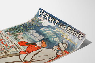 Plakat vintage Vernet-les-Bains, Canigou, wygięty arkusz widoczny w perspektywie.