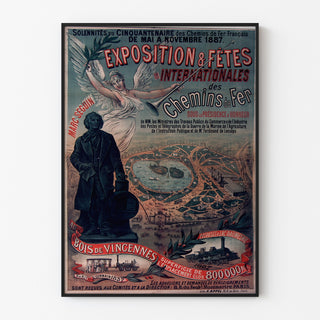 Plakat vintage Vincennes, cinquantenaire ferroviaire, oprawiony w cienką ramę na jasnej ścianie.