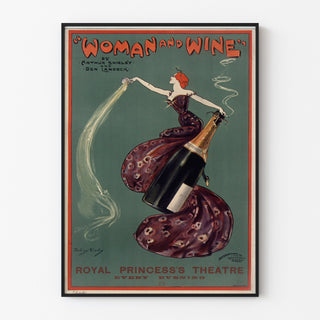 Plakat vintage Woman and Wine, Princess’s Theatre, w cienkiej ramie na jasnej ścianie.
