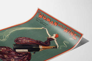 Plakat vintage Woman and Wine, Princess’s Theatre, na zakrzywionej kartce, widok w perspektywie.