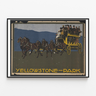 Plakat Yellowstone-Park, w cienkiej ramie na jasnej ścianie.
