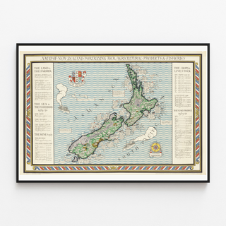 Stara mapa Nowej Zelandii – MacDonald Gill, 1931, w cienkiej ramie na jasnej ścianie.