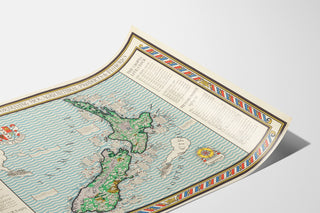 Stara mapa Nowej Zelandii – MacDonald Gill, 1931, zaprezentowana na lekko odgiętej kartce, widok w perspektywie.