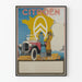 Plakat vintage Citroën z zabytkowym samochodem i eleganckimi przechodniami