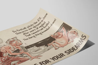 Plakat retro o tematyce bezpieczeństwa wojskowego: Dbaj o swoje boczne pistolety — widok dzieła