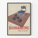 Plakat vintage BIODARCINE z hantlami i niebieskim krzesłem