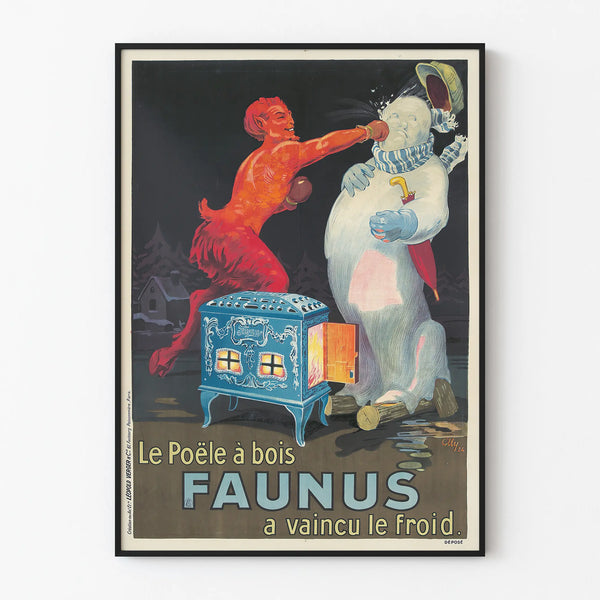 Plakat vintage z kominkiem na drewno Faunus do dekoracji ściennej