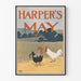 Plakat vintage Harper's May z kogutami na tle wiejskim