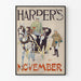 Plakat vintage Harper's listopad z dorożką i białym koniem