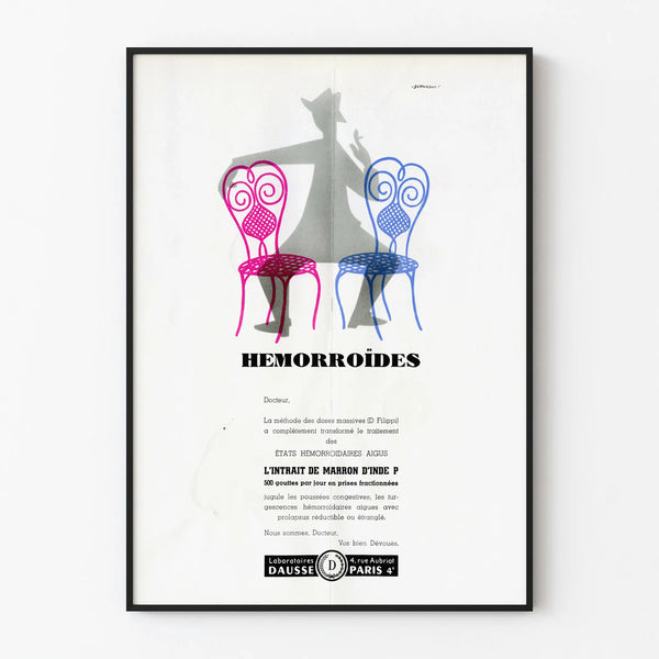Plakat reklamowy vintage „Hemoroidy” autorstwa Bernadac, dekoracja ścienna medyczna