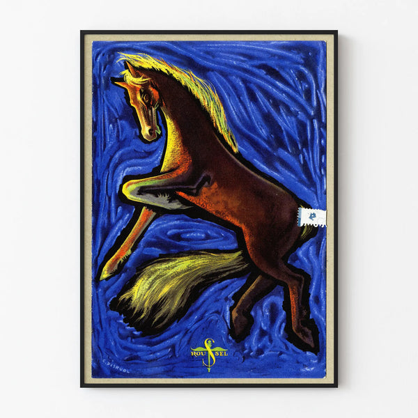 Plakat vintage z koniem galopującym na intensywnie niebieskim tle