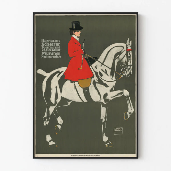 Plakat vintage kon i jeździec w czerwonym płaszczu