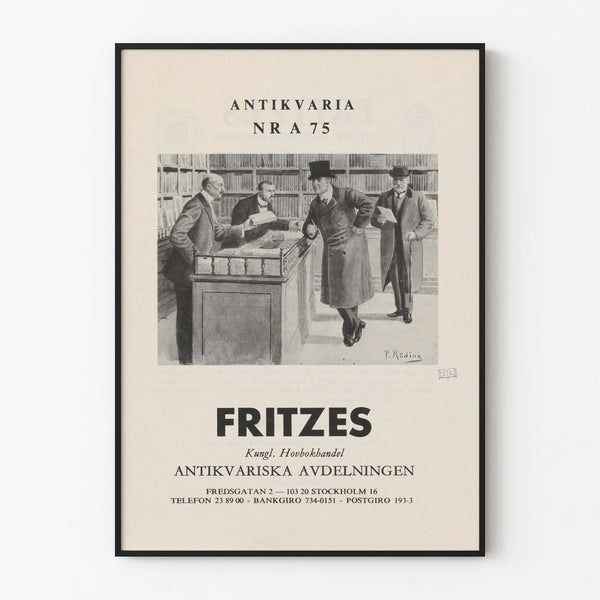 Plakat vintage z antycznej księgarni - scena z książką i klientami