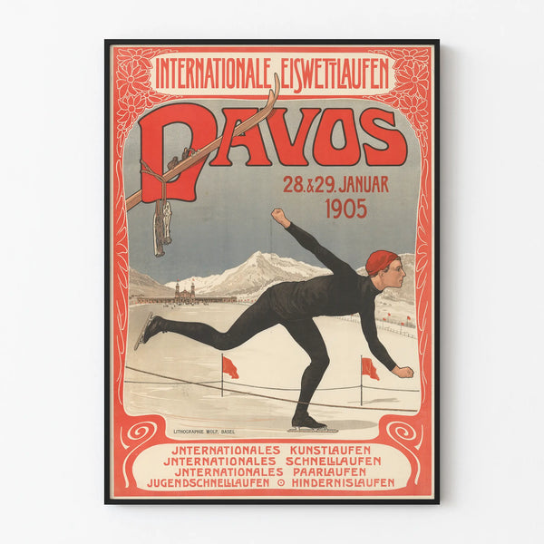 Plakat vintage międzynarodowego łyżwiarstwa artystycznego Davos 1905