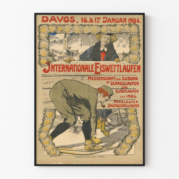 Plakat vintage z zawodów łyżwiarskich Davos 1904