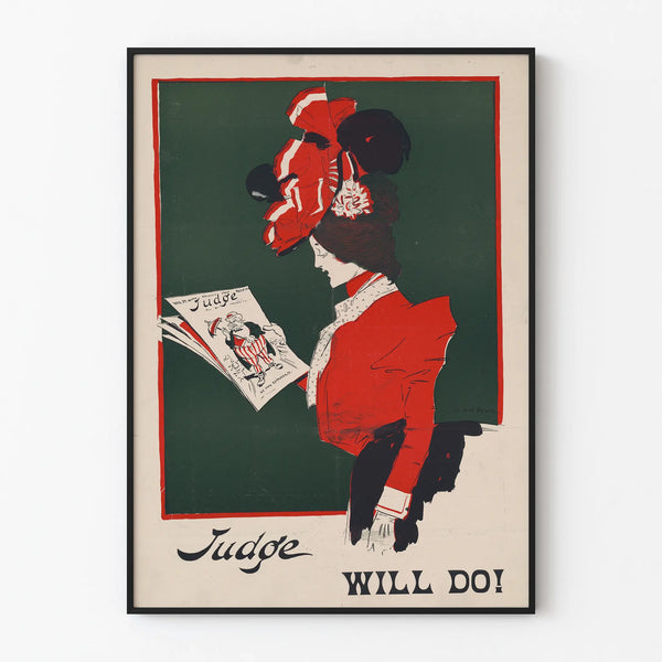 Plakat vintage Judge Will Do w czerwieni i zieleni do dekoracji ściennej