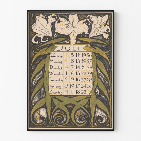 Plakat kalendarz ścienny na lipiec 1896 w stylu secesyjnym