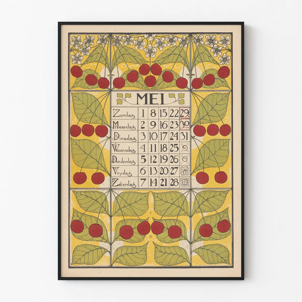 Plakat dekoracyjny kalendarz na maj 1898 z wiśniami i liśćmi