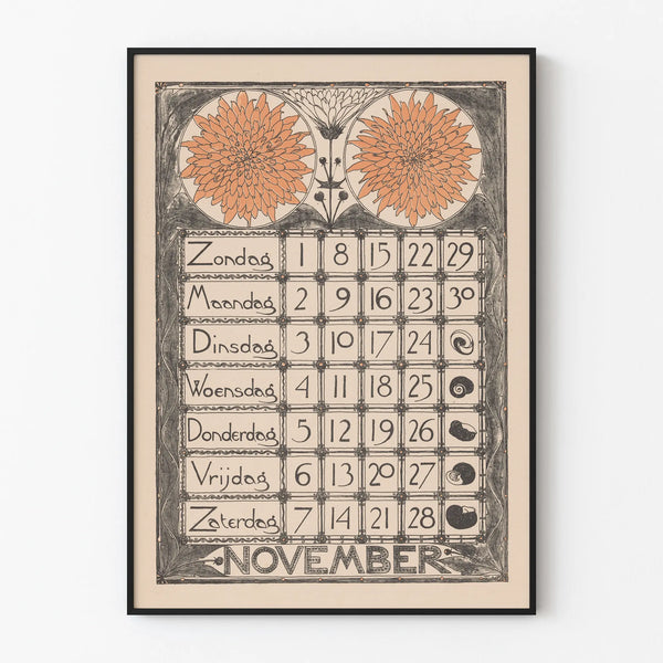 Plakat kalendarzowy vintage dekoracyjny listopad 1896