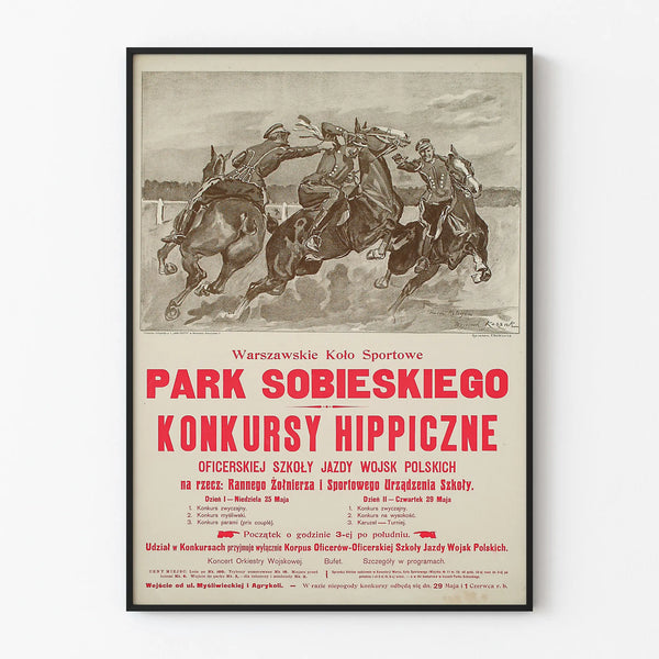 Plakat vintage konkursu jeździeckiego Park Sobieskiego - szkoła kawalerii polskiej