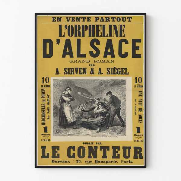 Stary plakat L'Orpheline d'Alsace Powieść ilustrowana przez A. Sirven i A. Siégel