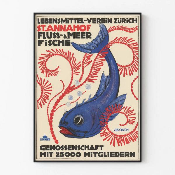 Plakat vintage z niebieską rybą i czerwonymi algami, dekoracja ścienna