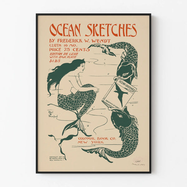 Plakat vintage Ocean Sketches - Ilustracja syreny i ryb