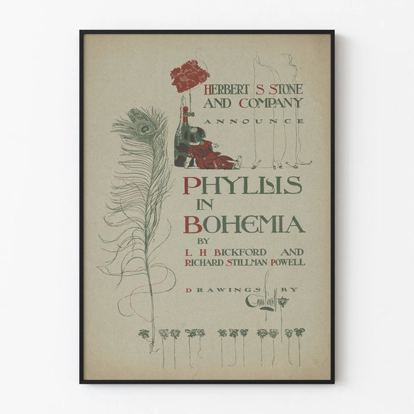 Plakat vintage Phyllis w Czechach z pawim piórem i marionetką