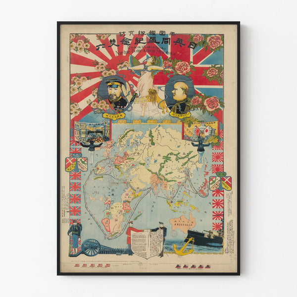 Antyczny plakat planisfery alegorycznej japońsko-brytyjskiego sojuszu morskiego