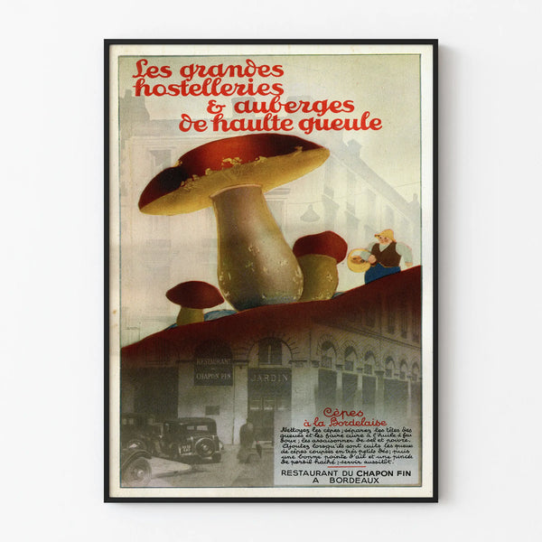 Plakat vintage Restauracja du Chapon Fin Bordeaux - Dekoracja ścienna z grzybami borowikami