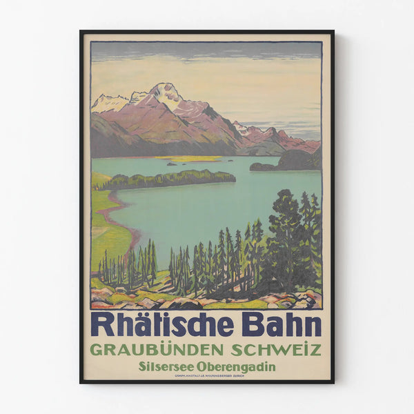Plakat Vintage Rhätische Bahn – Jezioro Silsersee i Oberengadin w Szwajcarii