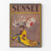 Plakat Vintage Sunset - Młoda dziewczyna w kimono z japońskimi flagami